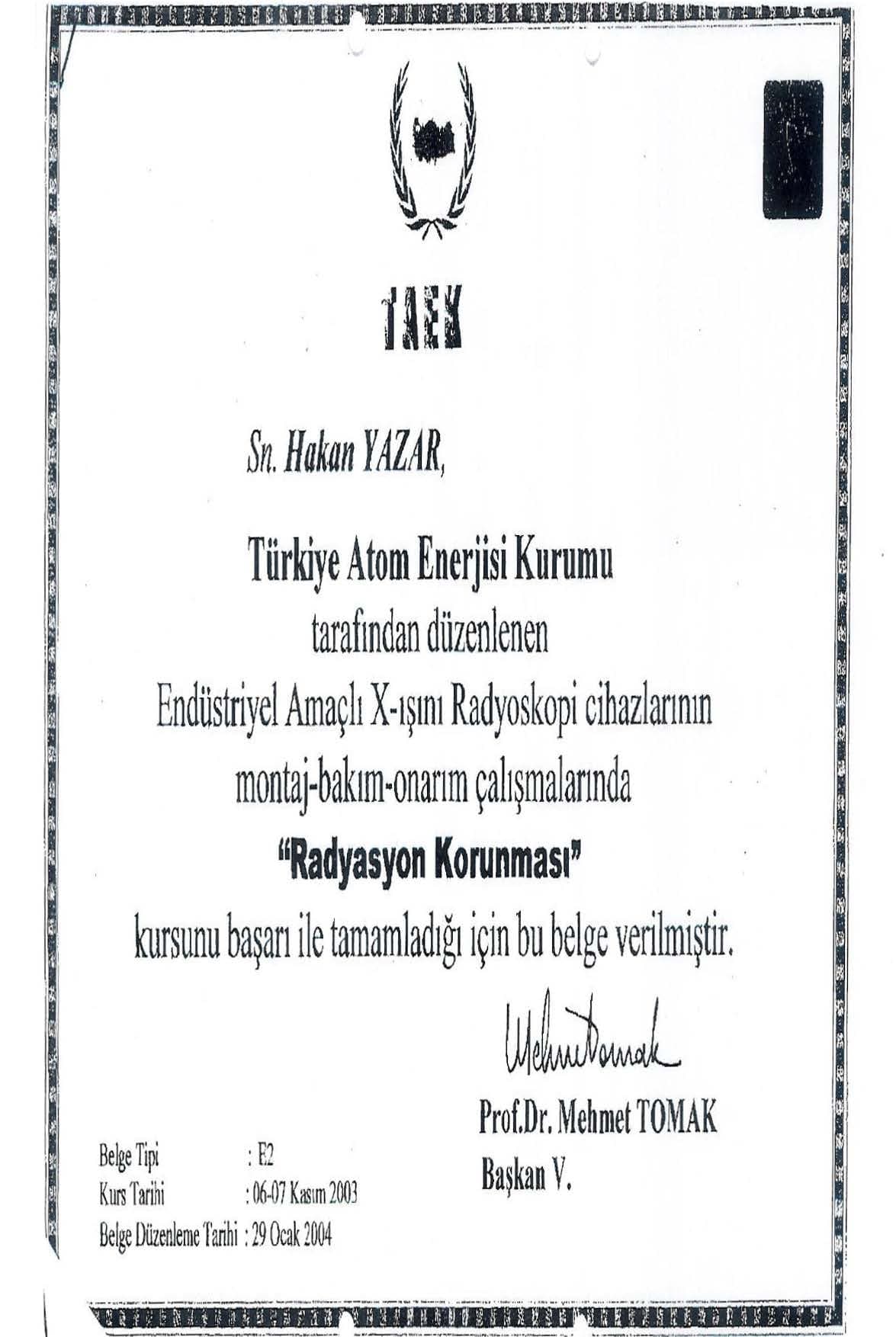 Atom Enerjisi Kurumu Sertifikası 3